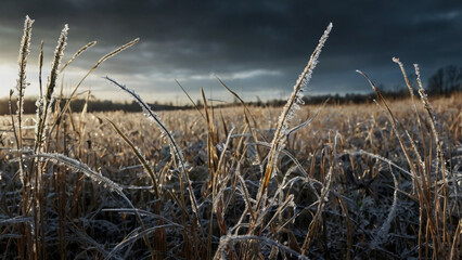 Fototapeta premium A serene landscape of frostcovered grass in a field under a dramatic, cloudy sky, capturing the quiet beauty of a winter morning with a touch of sunlight breaking through