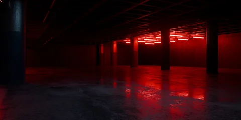 Underground Parking Corridor Spaceship Red Glow Room Garage Hangar Warehouse Sci Fi Futuristic Metal Mesh Panels Structure Stone Floor Showroom Garage Lights 3D Rendering © IM_VISUALS