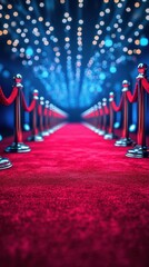 Elegant red carpet pathway leading to a festive venue illuminated by soft lights and surrounded by velvet ropes