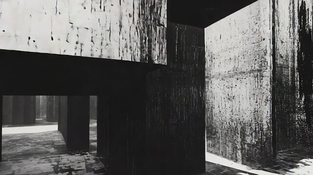 Dark concrete building interior with geometric shapes and snow patches