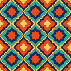 Seamless Moroccan tile pattern in vector, vibrant colors.