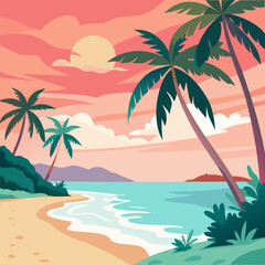 Watercolor tropical beach with palm trees, soft pastel.