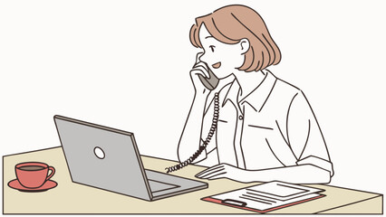 Businesswoman working at desk talking on phone laptop documents coffee cup office illustration simple style vector art.