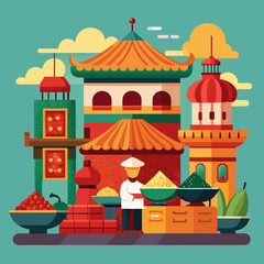 Traditional Asian spice market in flat vector illustration
