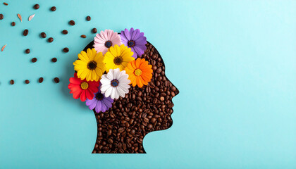 Coffee beans head silhouette with blooming flowers and copy space
