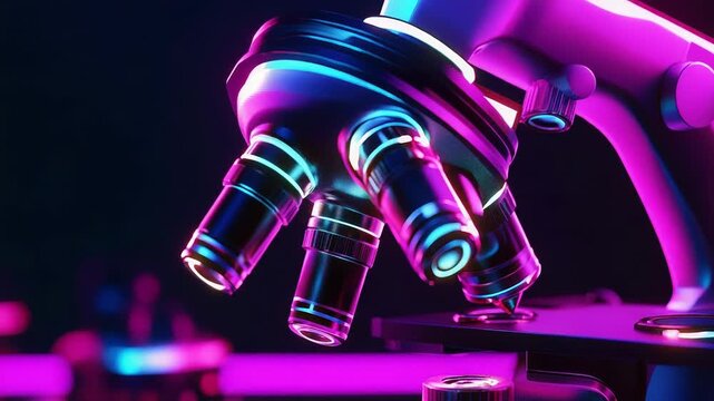 Modern microscope illuminating scientific discoveries in neon light