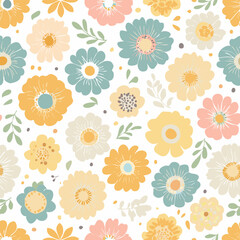Fototapeta premium Seamless floral pattern with colorful retro flowers and leaves. Bright vintage style illustration, perfect for textile, wallpaper, packaging, and spring or summer design projects