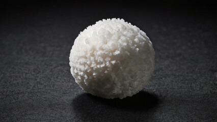 A single coconut ball, isolated on white background, sits against a dark backdrop, its textured surface highlighted by the contrast, showcasing its unique form and detail