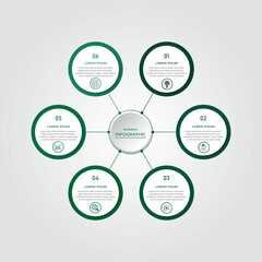 Marketing process visualization timeline diagram | Business data representation with white circle diagram dot connection with icon | 3d centre radial 6 steps green flowchart   for business