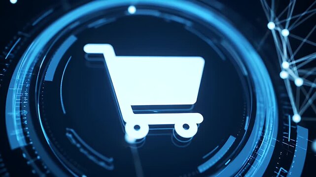 White Shopping Cart Icon in Blue Digital Ring Background