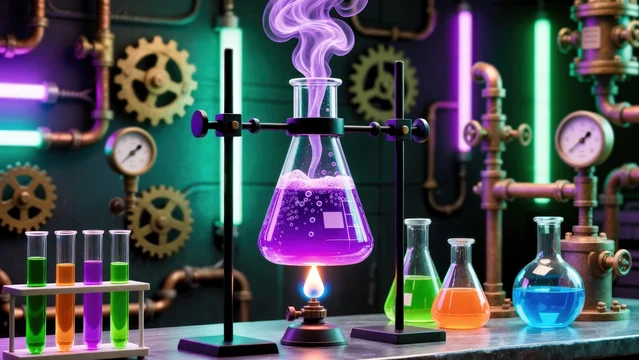 Halloween Steampunk Lab Setup with Colorful Liquids