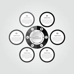 Marketing process visualization timeline diagram | Business data representation with white circle diagram with icon | 3d centre radial 6 steps Gray flowchart   for business