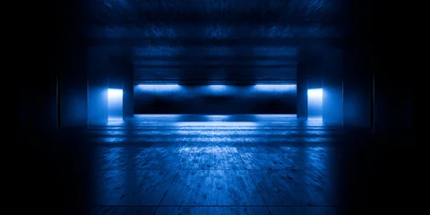 Modern Underground Massive Concrete Cement Blocks Hallway Room Tunnel Corridor Bunker Hangar Realistic Stage Lights Empty Warehouse 3D Rendering © IM_VISUALS