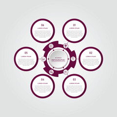 Business progress or process visualization with 6 steps circular white diagrams | Infographic eminence radial wheel marketing chart | Modern abstract innovation for presentation, report