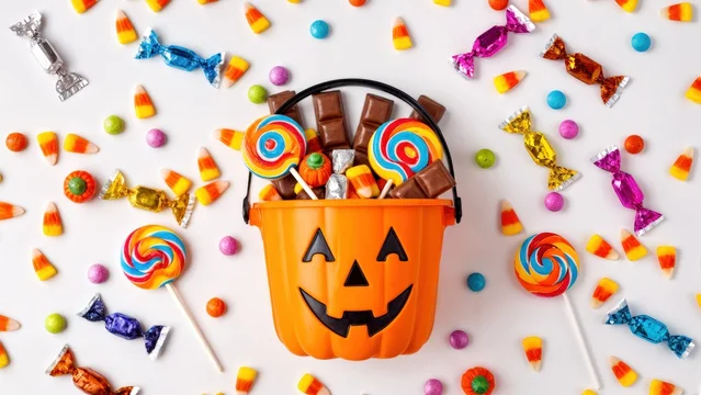 Assorted Halloween Chocolates and Lollipops in Pumpkin Bucket