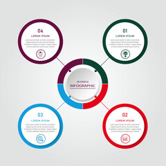Obraz premium Business progress or process visualization with 4 steps circular white diagrams | Infographic colourful radial wheel marketing chart | Modern abstract innovation for presentation, report