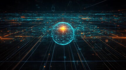 Global digital network concept with binary code on a blue technological background