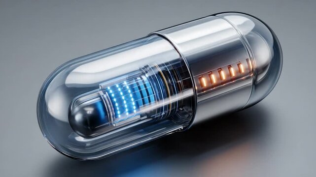 Ingestible Camera Capsule: A close-up of an ingestible camera capsule, showcasing its intricate internal components and futuristic design.