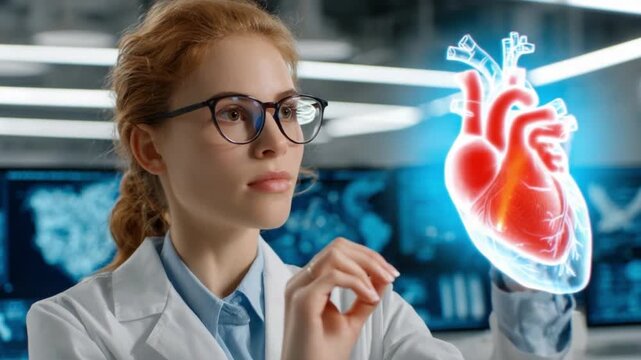 The Heart of Science: A focused scientist, engaged in cutting-edge research, analyzes a detailed, glowing anatomical heart model, representing a groundbreaking discovery in medical science.