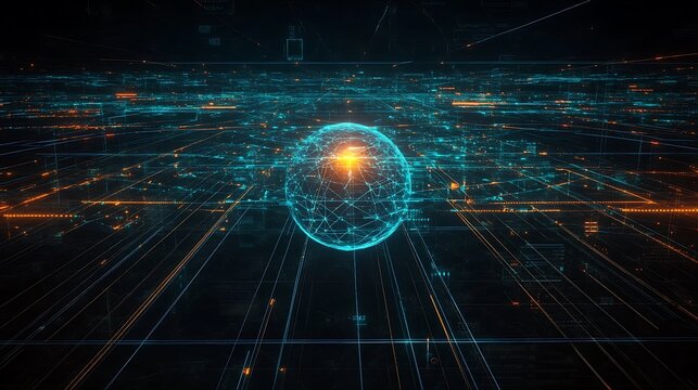 Global digital network concept with binary code on a blue technological background