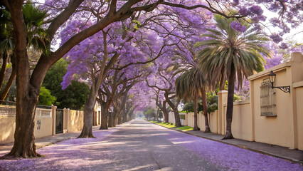 Colorful photograph depicting a picturesque street lined with jacaranda trees in full bloom