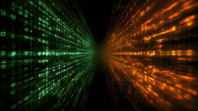 Dark tunnel with flowing binary code streams creating a mysterious and futuristic data environment