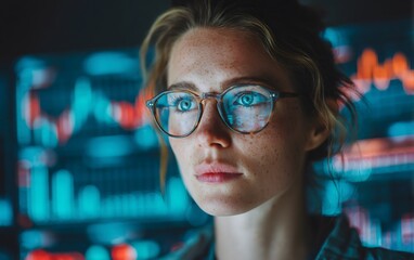 Businesswoman with glasses analyzing holographic financial dashboard in a contemporary office setting