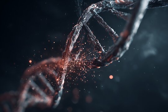 Dna double helix rotating with orange particles on dark background - Powered by Adobe