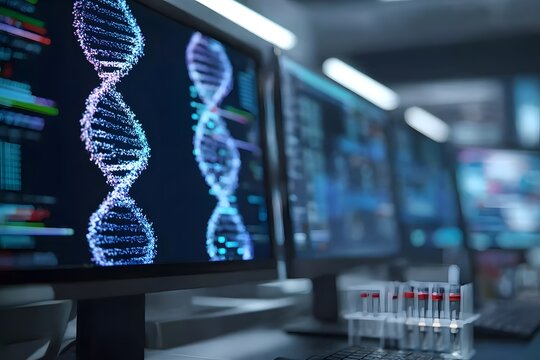 A computer screen displaying DNA strands and medical equipment in the background, - Powered by Adobe