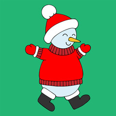 Snowman Santa Claus in warm sweater. Flat vector color hand drawn. Cute cartoon character. Merry Christmas symbol. Winter holiday card. Illustration doodle line art.