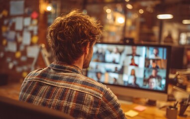 Fototapeta premium Casual work environment with team members participating in video conference while watching television