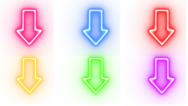 Collection of six vibrant neon arrow signs pointing downwards in different colors isolated on transparent background