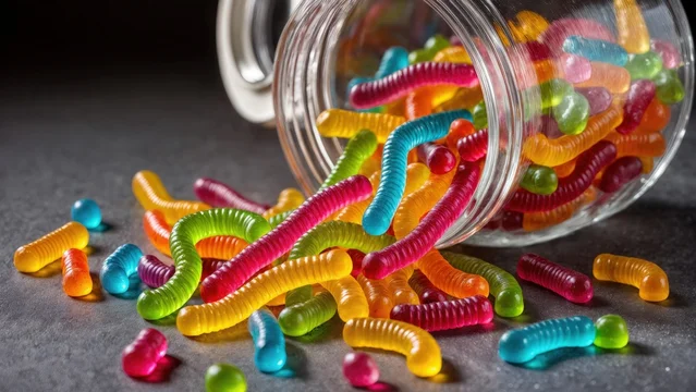 High Contrast Shot of Colorful Gummy Worms with Sticky Texture