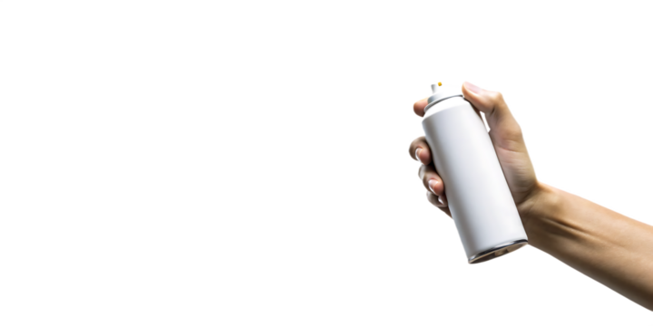 Hand holding white spray can releasing colorful mist isolated on a transparent background 2