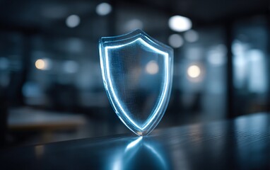 A glowing shield visualization representing cybersecurity in a modern office environment