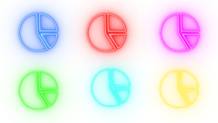 Six colorful glowing neon pie chart icons representing data analysis and financial statistics isolated on transparent background