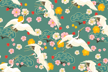 Seamless Japanese art with cranes, cherry blossoms and bonsai