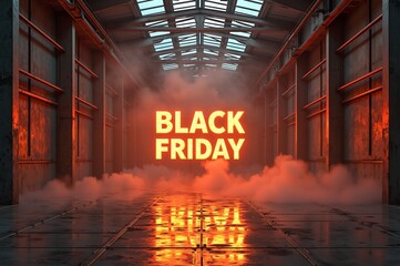 Glowing black friday sign in industrial warehouse with smoky atmosphere