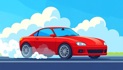 Fototapeta premium A red sports car drifts on a sunny road