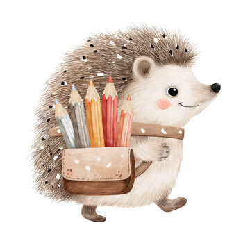 Cute hedgehog with backpack full of colorful pencils ready for back to school adventures