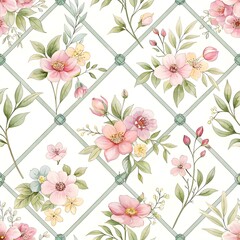 Watercolor floral lattice pattern with sea flowers