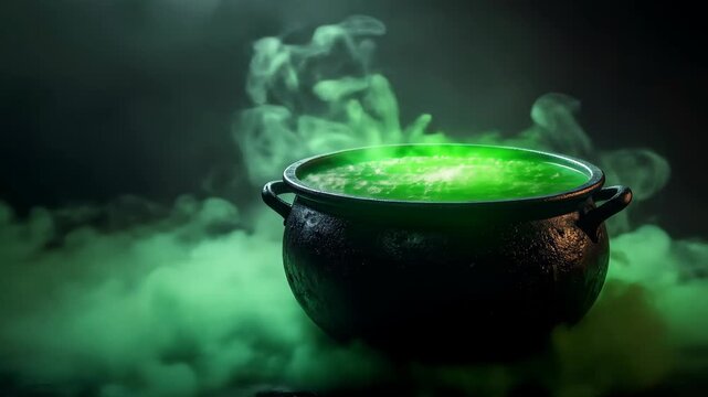 A bubbling black cauldron filled with glowing green potion emits mystical smoke, creating an eerie and magical atmosphere. Perfect for Halloween, fantasy, and mysterious themes.