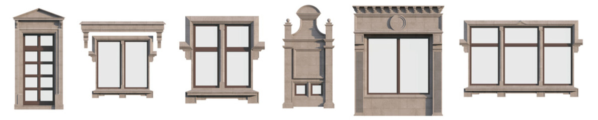 Neoclassical architectural kit: isolated facade elements for design projects. Isolated png on a transparent background premium cutout (Classical doors, window frames, balcony railings, columns & etc.)