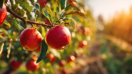 Bright red apples hang from branches in an orchard as the sun sets. Soft light illuminates the lush greenery surrounding the fruit, creating a serene atmosphere.