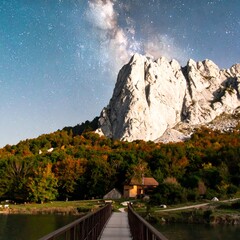 Majestic mountain range at night with a milky way