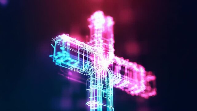 Glowing digital cross symbolizing faith and technology