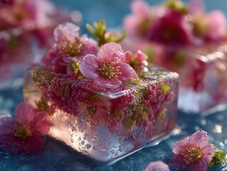 Stunning pink blossoms frozen in elegant ice cubes, perfect for spring cocktails and vibrant floral designs