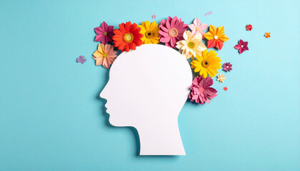 Creative human head silhouette with colorful paper flowers on blue background