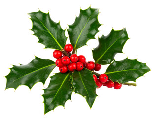 Vibrant Red Holly Berries and Glossy Green Leaves on Transparent Background