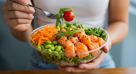 Woman enjoying a healthy salmon poke bowl with fresh vegetables